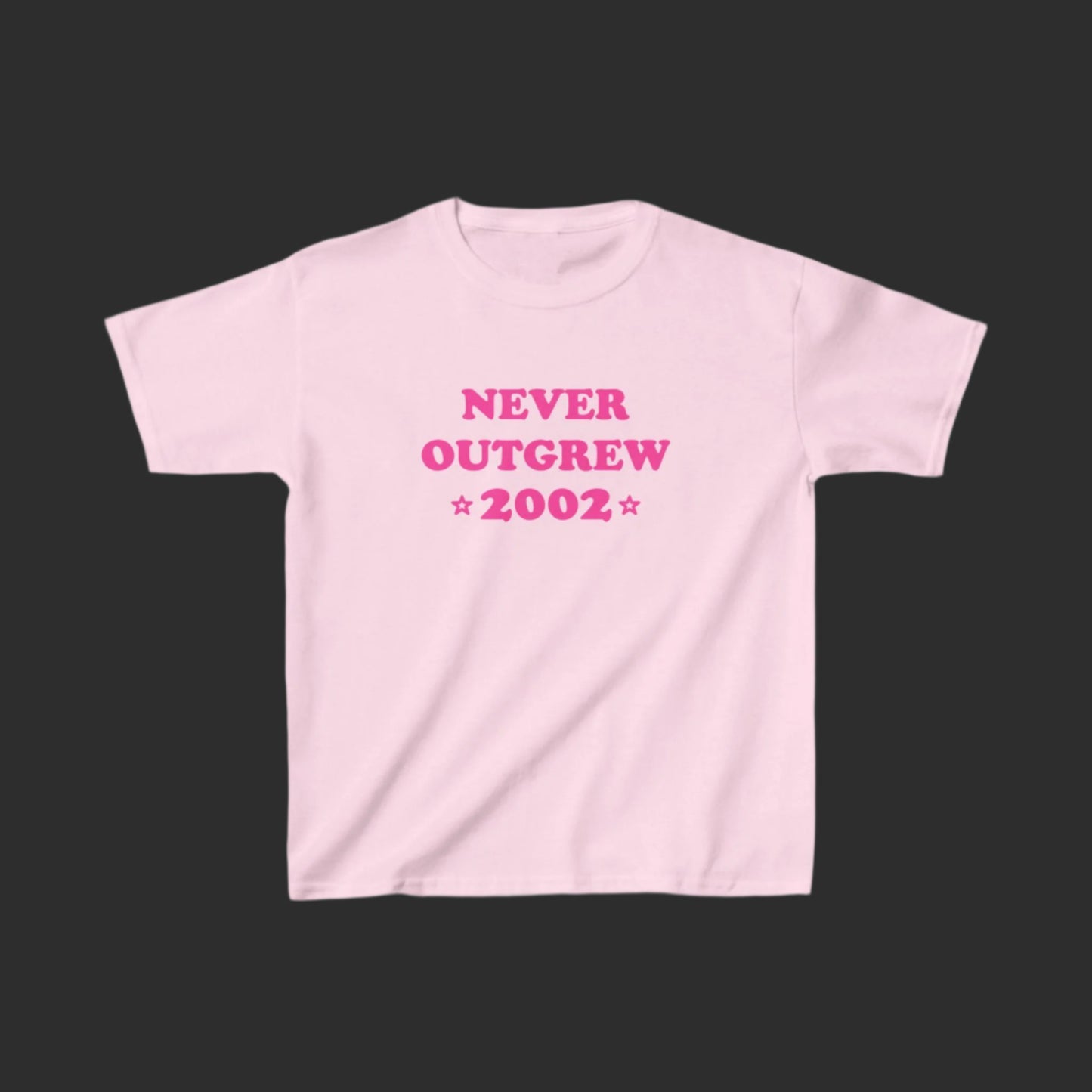 "never outgrew 2002" baby tee in pink