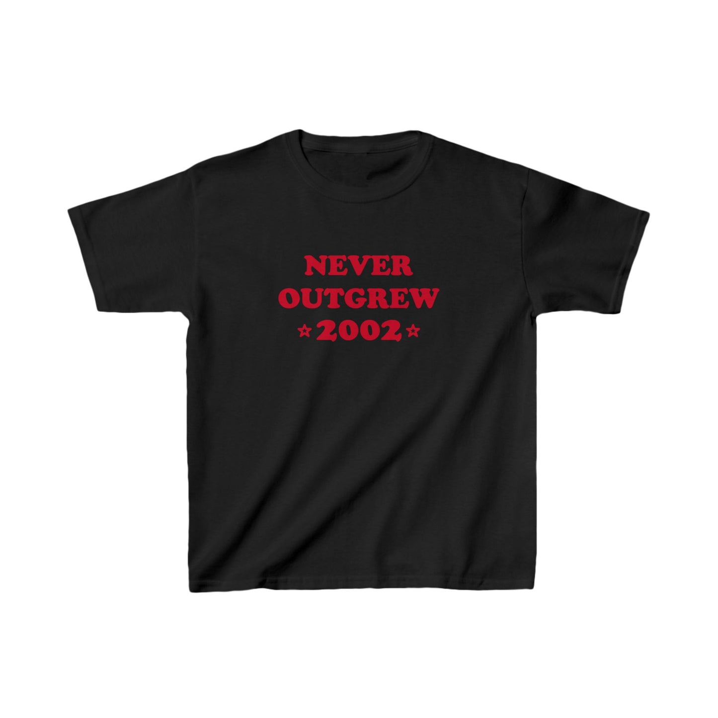 "never outgrew 2002" baby tee in red