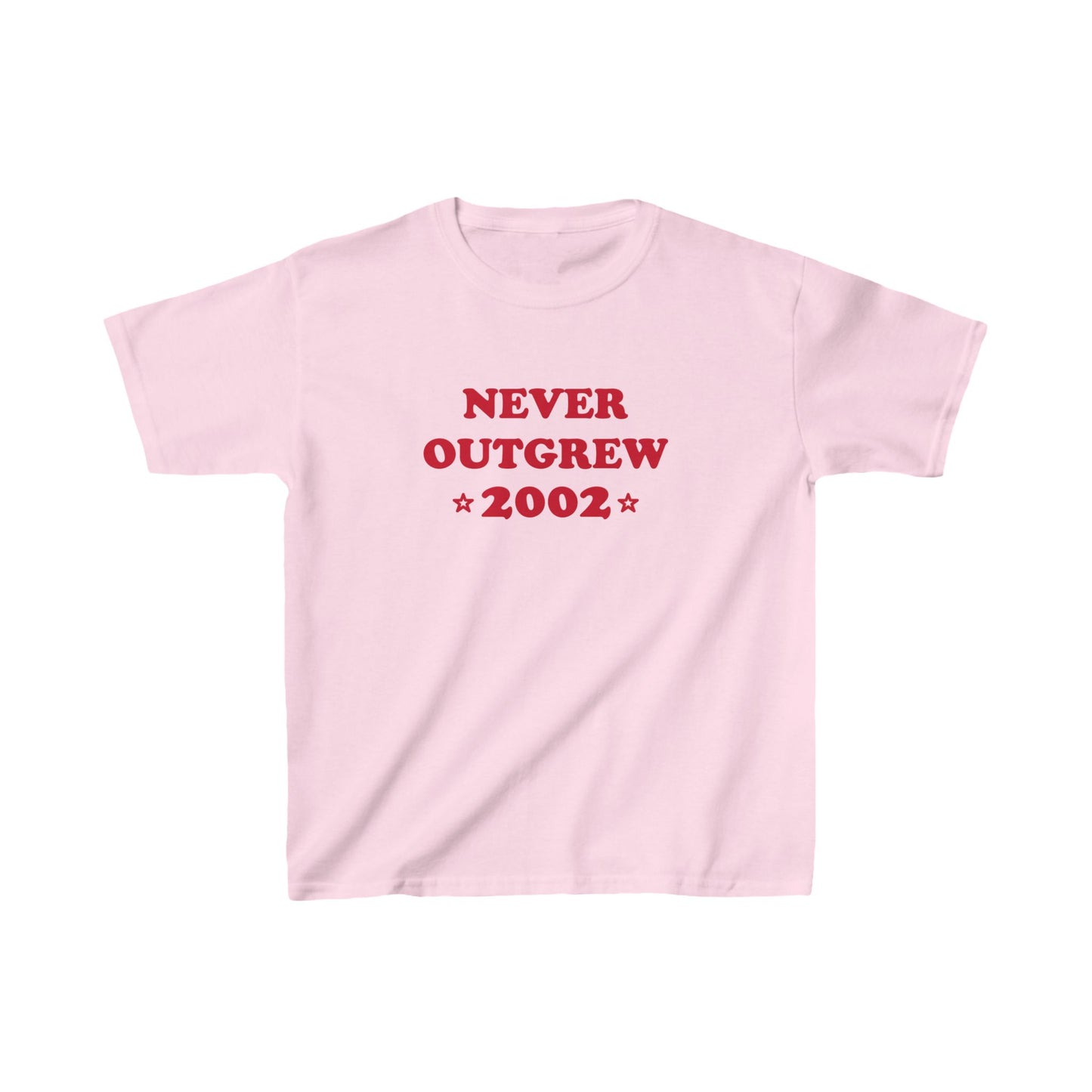 "never outgrew 2002" baby tee in red