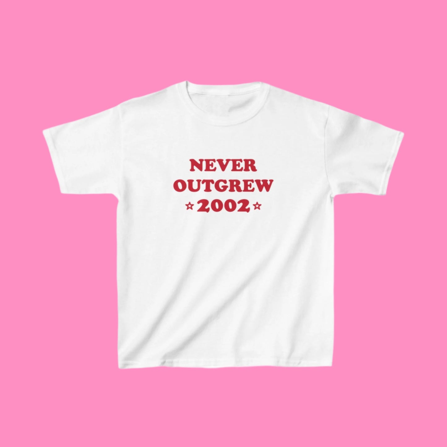 "never outgrew 2002" baby tee in red