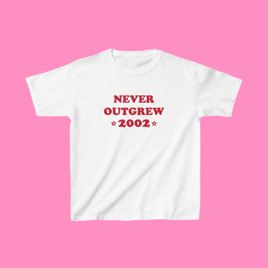 "never outgrew 2002" baby tee in red